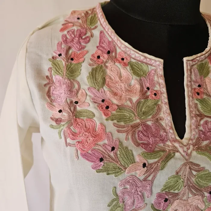 Samreen Summer Cool Cream Kashmiri Kurti with Aari Embroidery - Image 3