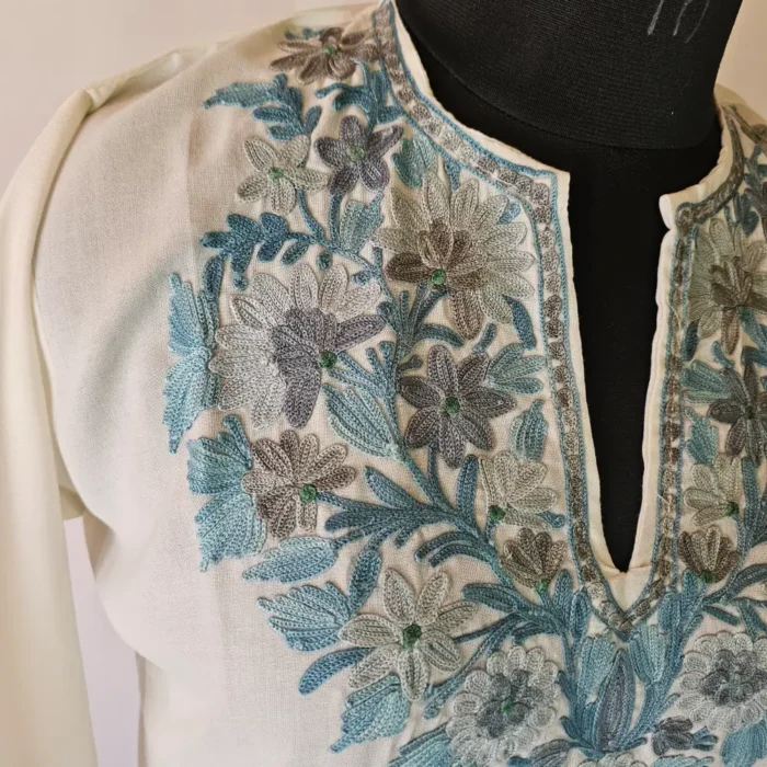 Mehar Cream Kashmiri Aari Embroidered Summer Cool Kurti - Image 3