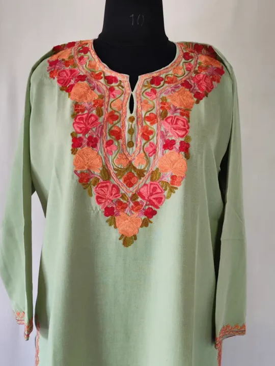 Kashmiri Summer Cool Green Aari Work Kurti