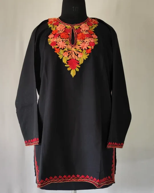 Black Aari Embroidered Short Summer Cool Kashmiri Kurti