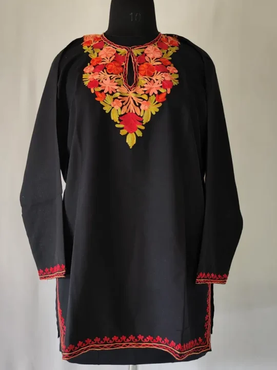 Black Aari Embroidered Short Summer Cool Kashmiri Kurti