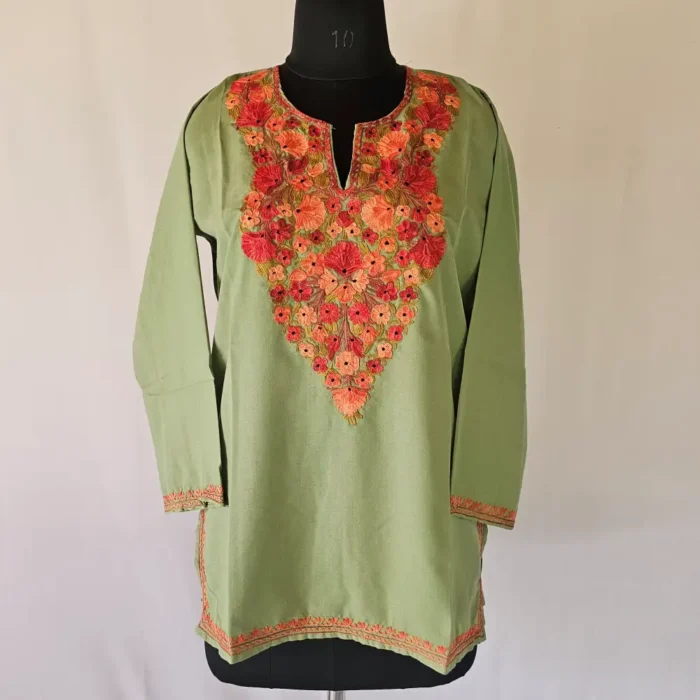 Emerald Green Short Kashmiri Summer Cool Kurti With Aari Work - Zohra