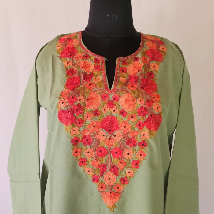 Emerald Green Short Kashmiri Summer Cool Kurti With Aari Work - Zohra - Image 2