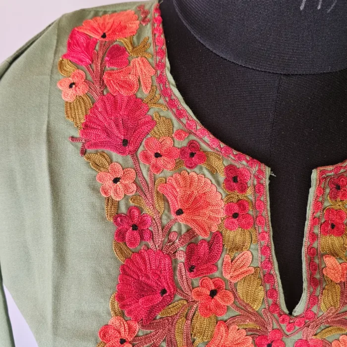 Emerald Green Short Kashmiri Summer Cool Kurti With Aari Work - Zohra - Image 3