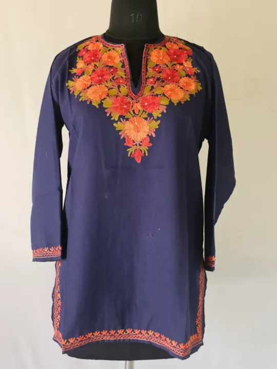 Dark Blue Short Kashmiri Summer Cool Kurti With Aari Work - Zohra