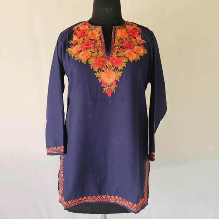 Dark Blue Short Kashmiri Summer Cool Kurti With Aari Work - Zohra