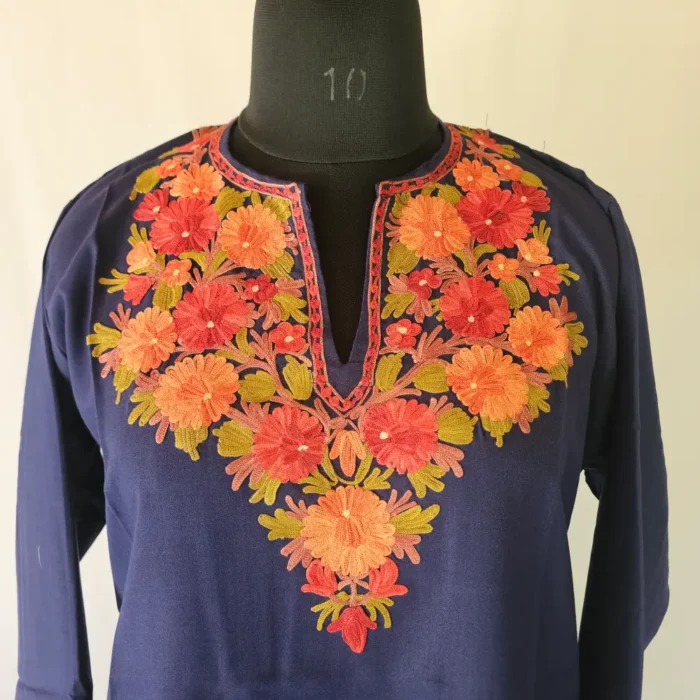 Dark Blue Short Kashmiri Summer Cool Kurti With Aari Work - Zohra - Image 2