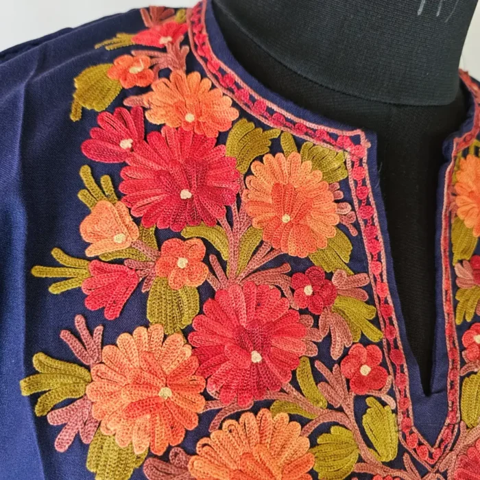 Dark Blue Short Kashmiri Summer Cool Kurti With Aari Work - Zohra - Image 3