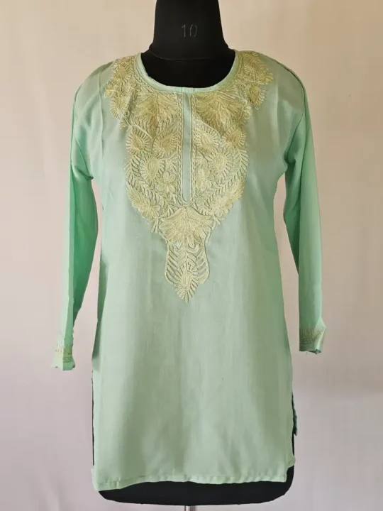 Tea Green Short Kashmiri Summer Cool Kurti With Aari Work - Zohra