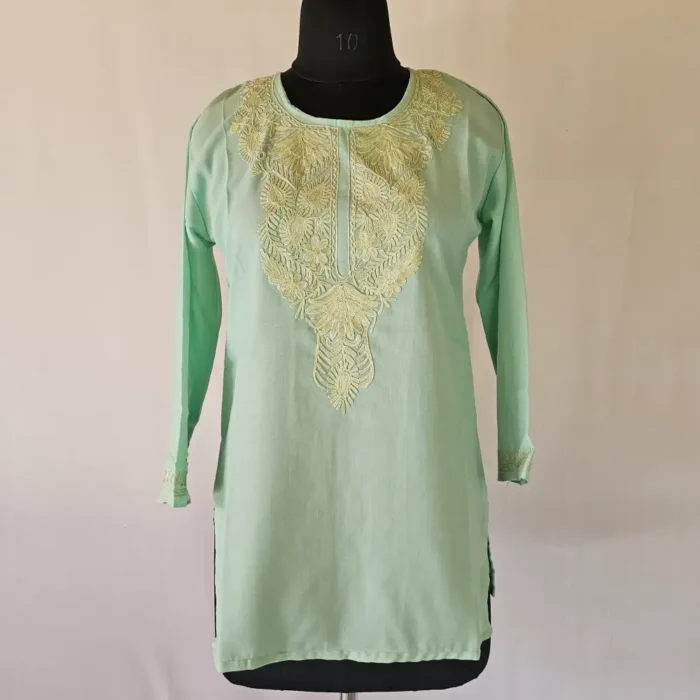 Tea Green Short Kashmiri Summer Cool Kurti With Aari Work - Zohra