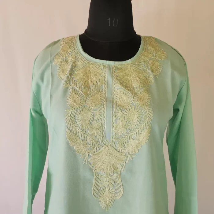 Tea Green Short Kashmiri Summer Cool Kurti With Aari Work - Zohra - Image 2