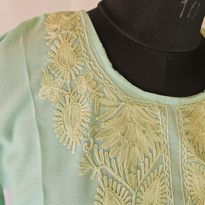 Tea Green Short Kashmiri Summer Cool Kurti With Aari Work - Zohra - Image 3