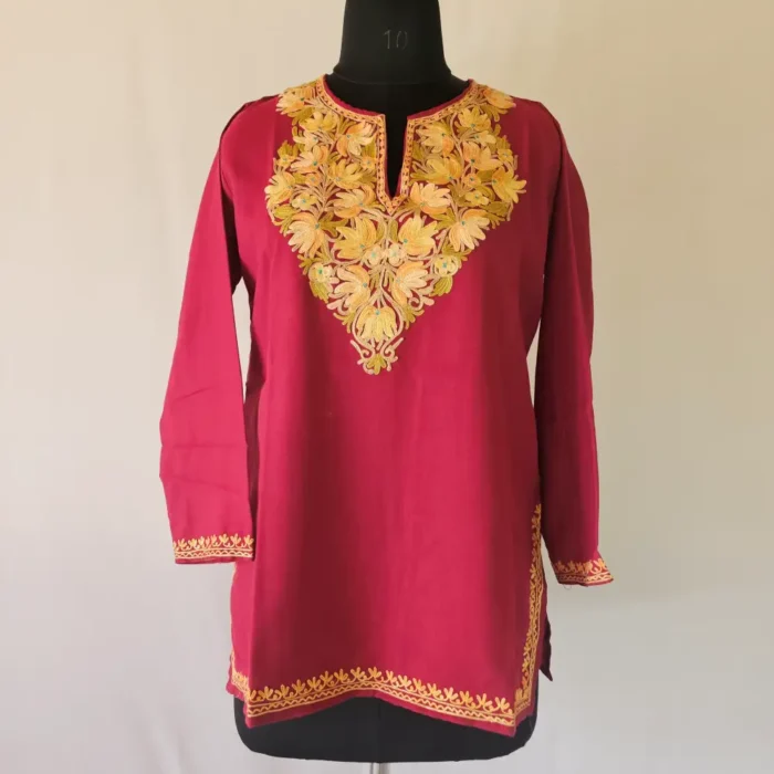 Magenta Short Kashmiri Summer Cool Kurti With Aari Work - Zohra