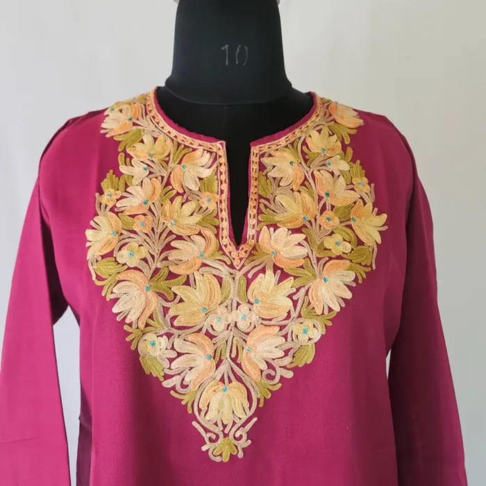 Magenta Short Kashmiri Summer Cool Kurti With Aari Work - Zohra - Image 3