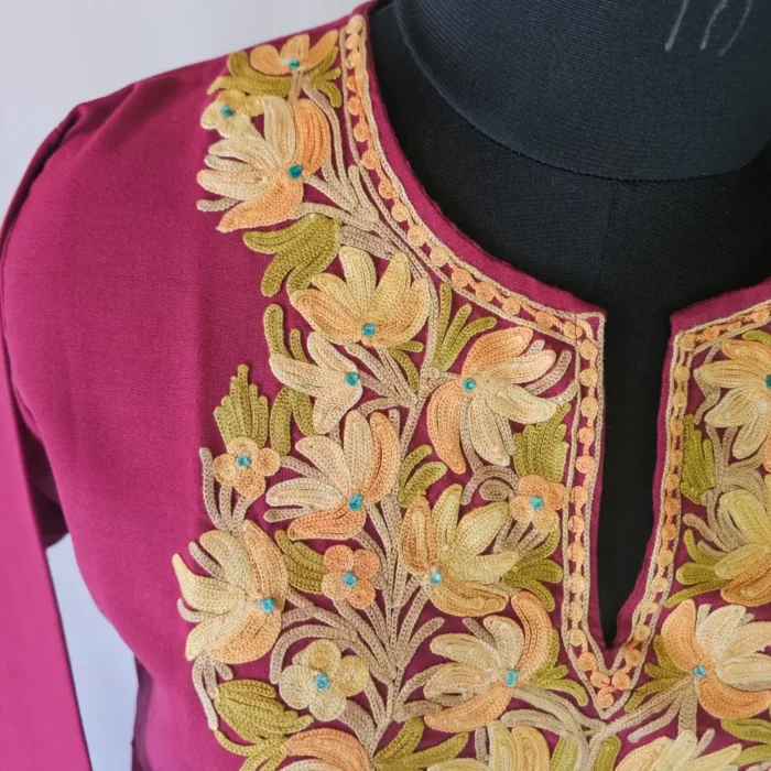 Magenta Short Kashmiri Summer Cool Kurti With Aari Work - Zohra - Image 2