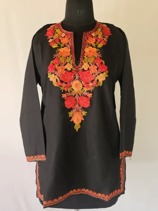 Elegent Black Short Kashmiri Summer Cool Kurti With Aari Work - Zohra