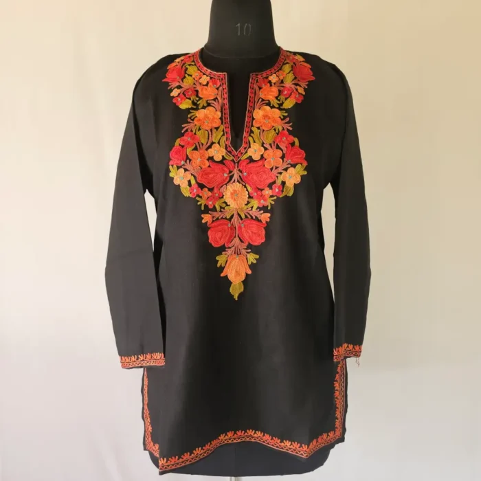 Elegent Black Short Kashmiri Summer Cool Kurti With Aari Work - Zohra