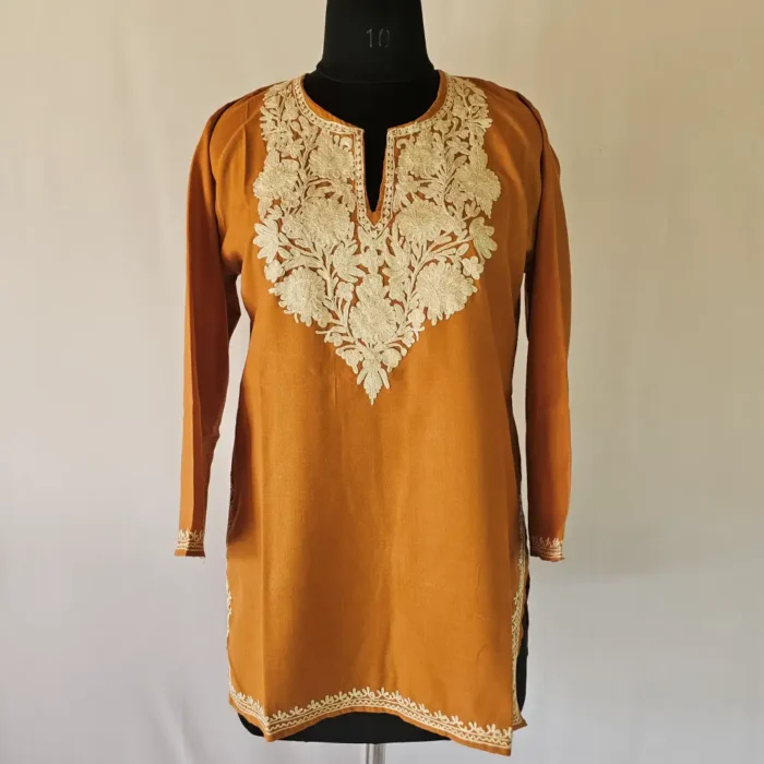 Brown Short Kashmiri Summer Cool Kurti With Aari Work - Zohra