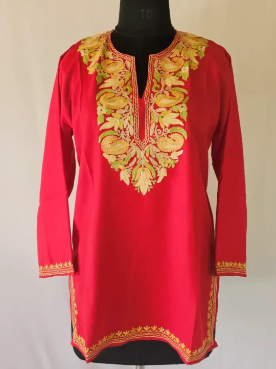 Red Short Kashmiri Summer Cool Kurti With Aari Work - Zohra