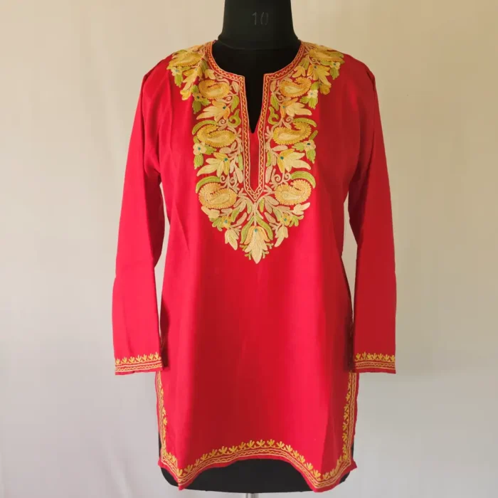 Red Short Kashmiri Summer Cool Kurti With Aari Work - Zohra