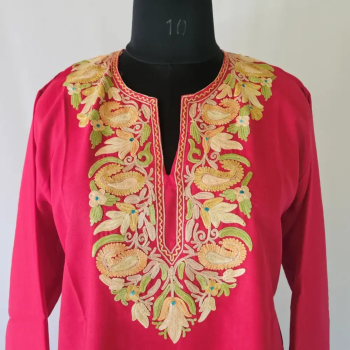 Red Short Kashmiri Summer Cool Kurti With Aari Work - Zohra - Image 3