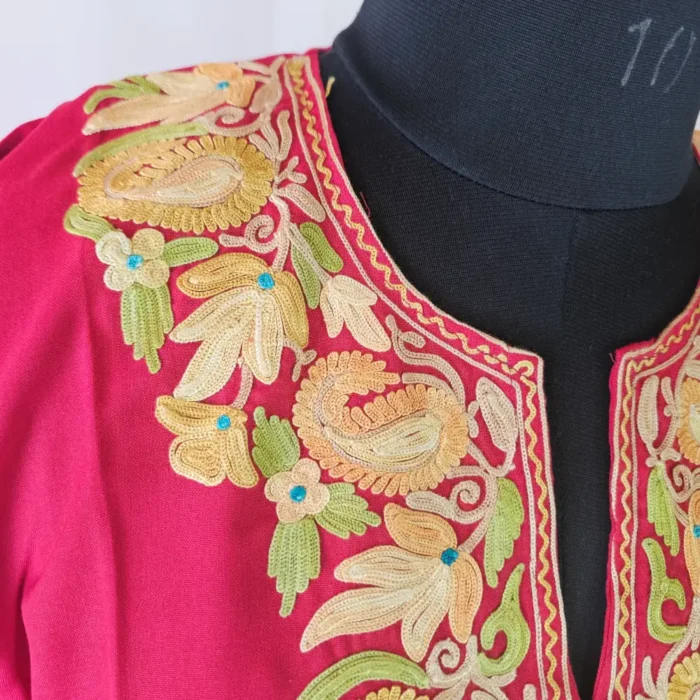 Red Short Kashmiri Summer Cool Kurti With Aari Work - Zohra - Image 2