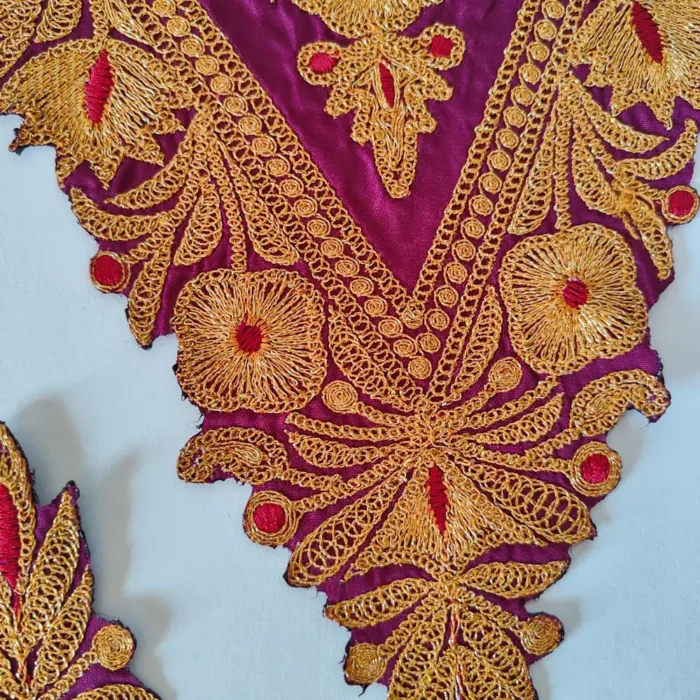 Kashmiri Tilla Embroidered Purple V Shape Patch with Sleeves and Lace - Image 2