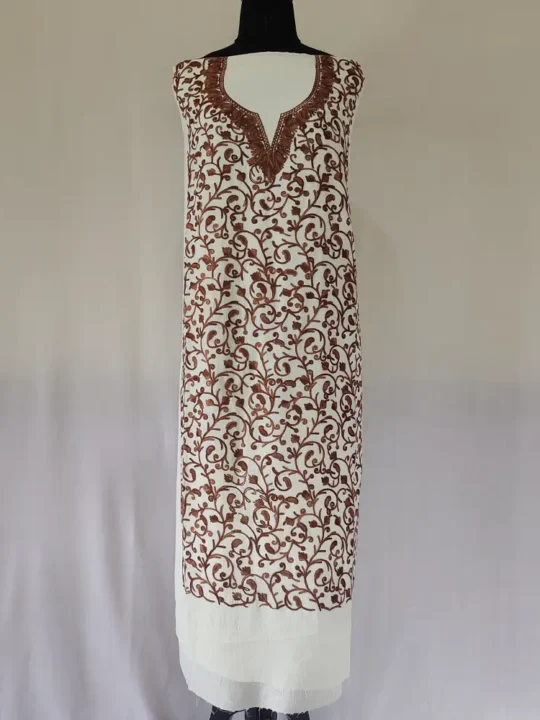 White Unstitched 2PC Kashmiri Cotton Suit with All Over Jaal Badami Work
