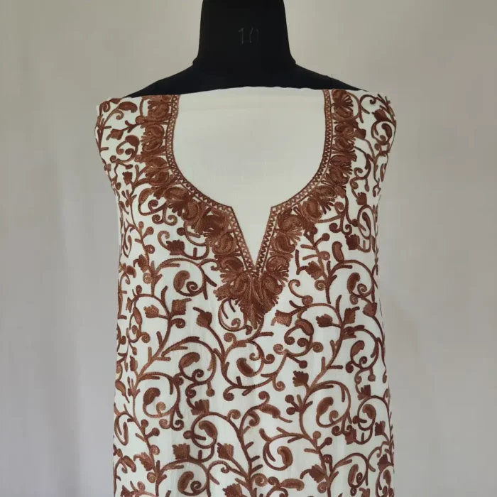Kashmiri Unstitched 2PC White Cotton Suit | All Over Jaal Badami Work - Image 2