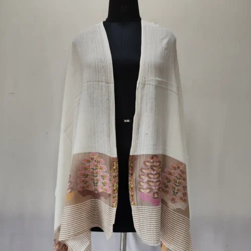 Qalanderi Beige Wool Stole in Kani Work Palla for Women