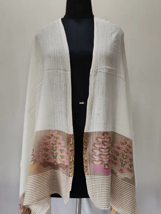 Qalanderi Beige Wool Stole in Kani Work Palla for Women