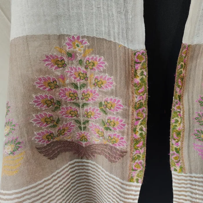 Qalanderi White Wool Stole in Kani Work Palla for Women - Image 3