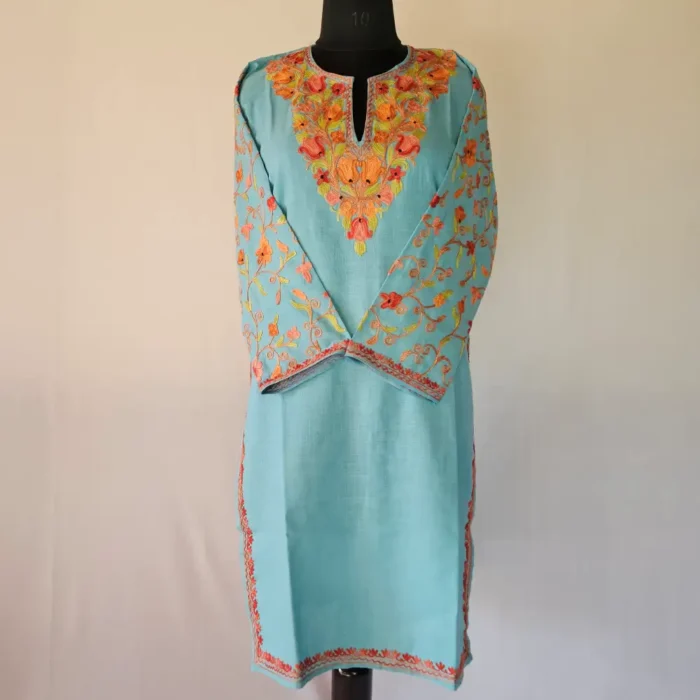 Blue Kashmiri Long Cotton Kurti With Ari Embroidered Sleeves - Zohra - Image 2