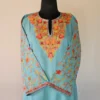 Blue Kashmiri Long Cotton Kurti With Ari Embroidered Sleeves - Zohra