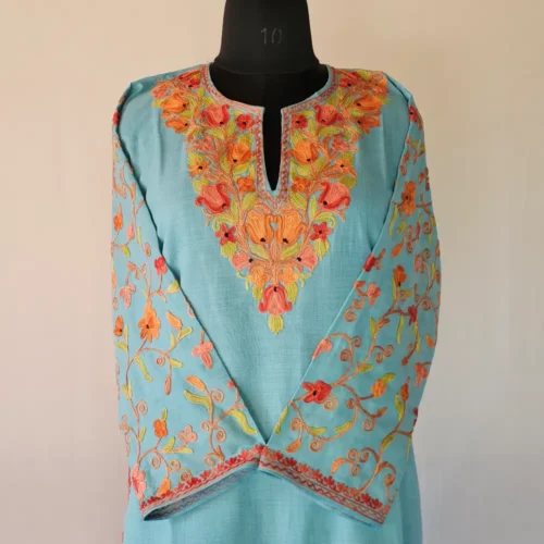 Blue Kashmiri Long Cotton Kurti With Ari Embroidered Sleeves - Zohra