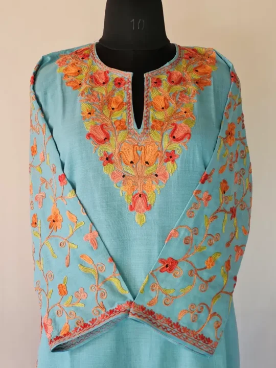 Blue Kashmiri Long Cotton Kurti With Ari Embroidered Sleeves - Zohra