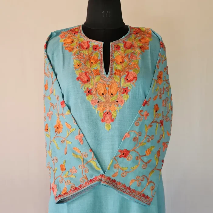 Blue Kashmiri Long Cotton Kurti With Ari Embroidered Sleeves - Zohra