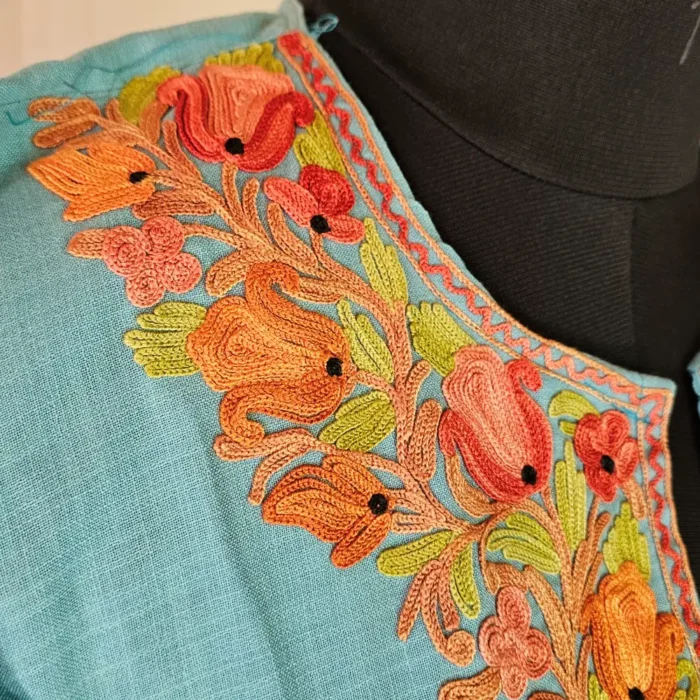 Blue Kashmiri Long Cotton Kurti With Ari Embroidered Sleeves - Zohra - Image 3