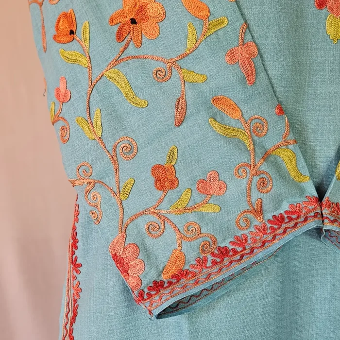 Blue Kashmiri Long Cotton Kurti With Ari Embroidered Sleeves - Zohra - Image 4