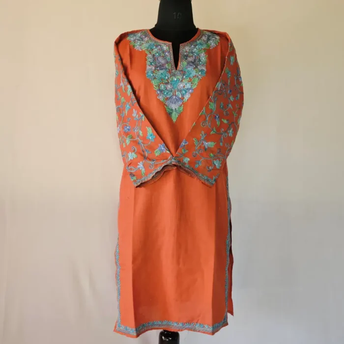 Kashmiri Long Cotton Rust Kurti With Ari Embroidered Sleeves - Zohra - Image 2
