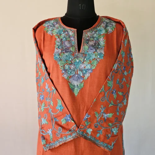 Kashmiri Long Cotton Rust Kurti With Ari Embroidered Sleeves - Zohra