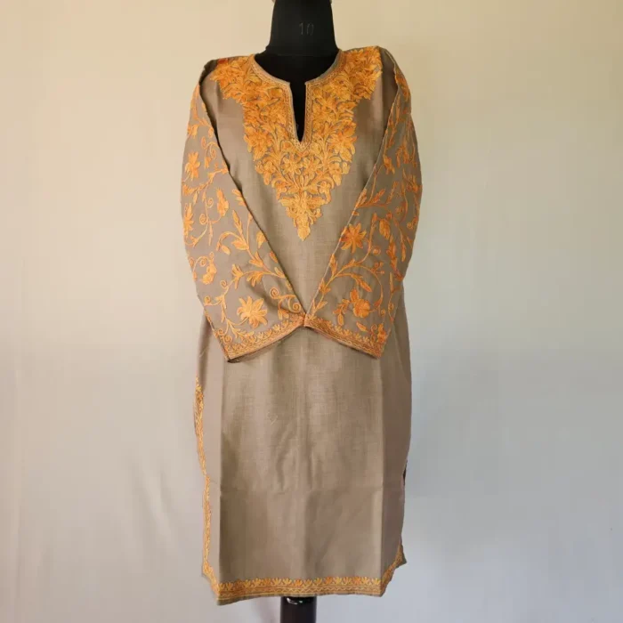 Beige Kashmiri Long Cotton Kurti With Ari Embroidered Sleeves - Zohra - Image 2