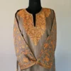 Beige Kashmiri Long Cotton Kurti With Ari Embroidered Sleeves - Zohra