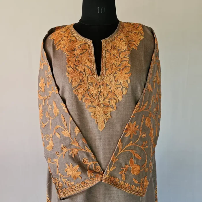 Beige Kashmiri Long Cotton Kurti With Ari Embroidered Sleeves - Zohra