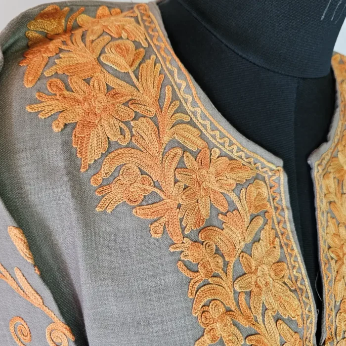 Beige Kashmiri Long Cotton Kurti With Ari Embroidered Sleeves - Zohra - Image 3