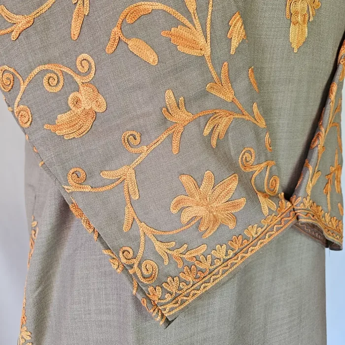Beige Kashmiri Long Cotton Kurti With Ari Embroidered Sleeves - Zohra - Image 4