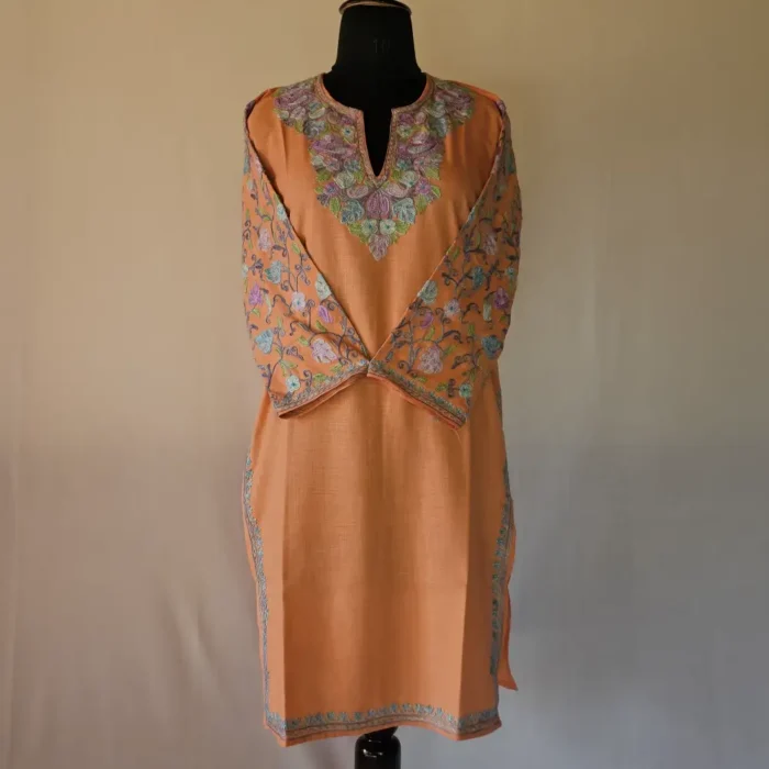 Peach Kashmiri Long Cotton Kurti With Ari Embroidered Sleeves - Zohra - Image 2