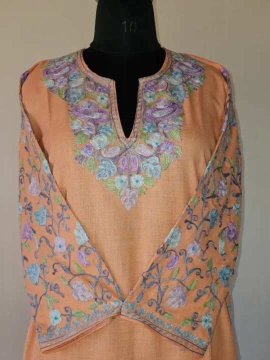 Peach Kashmiri Long Cotton Kurti With Ari Embroidered Sleeves - Zohra