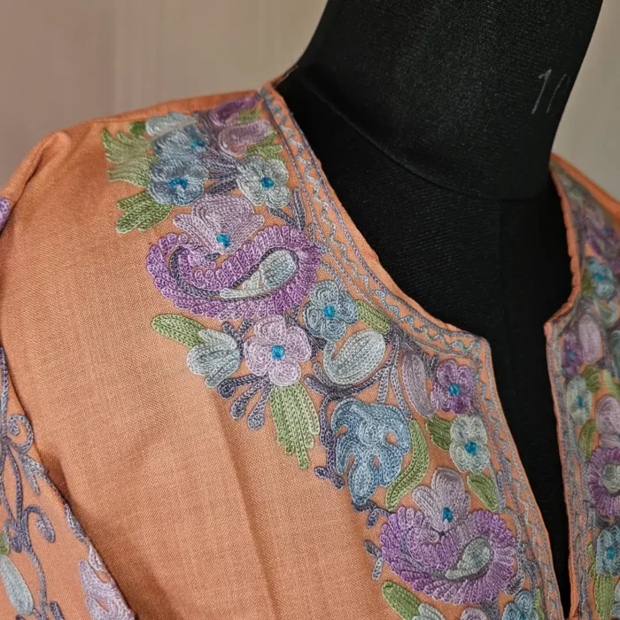 Peach Kashmiri Long Cotton Kurti With Ari Embroidered Sleeves - Zohra - Image 3