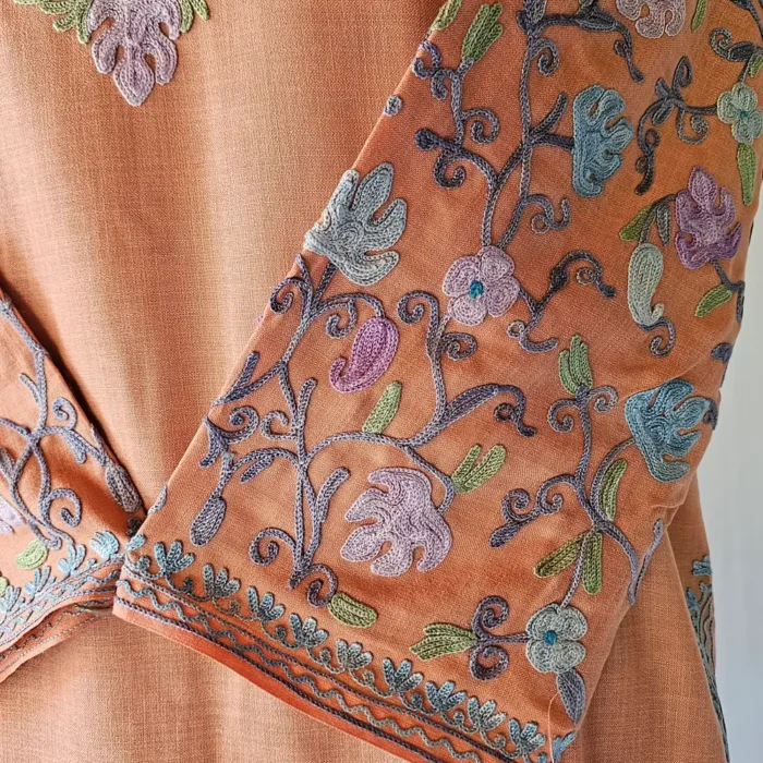 Peach Kashmiri Long Cotton Kurti With Ari Embroidered Sleeves - Zohra - Image 4